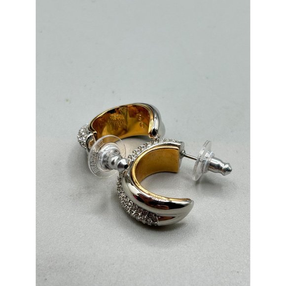 Vintage Swarovski Signed Swan Hoops Earrings Clear Crystals Silver & Gold Plated - Picture 6 of 7